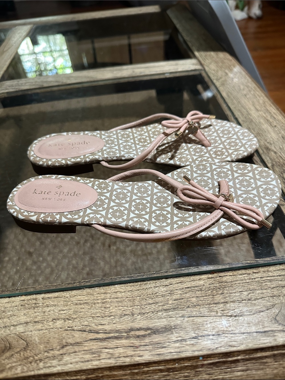 kate spade Pale Pink Bow Flip Flop Sandals with Patterned Footbed